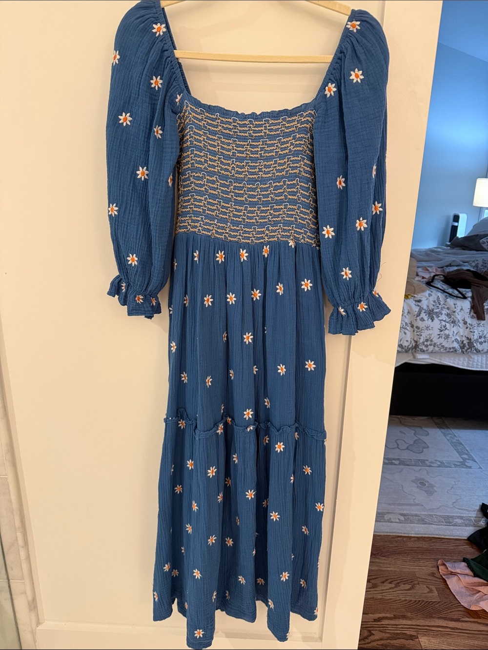 Free People Inspired Blue Daisy-Embroidered Smocked Midi Dress Size Small